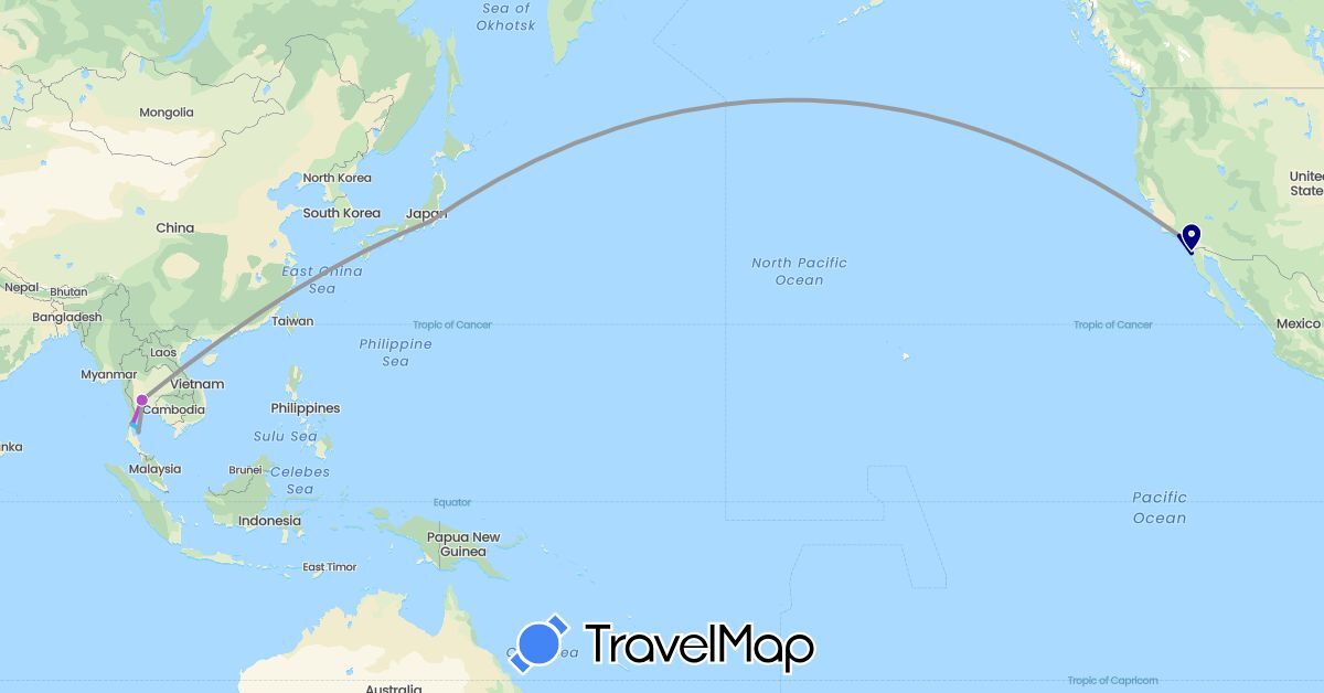 TravelMap itinerary: driving, plane, train, boat in Japan, Mexico, Thailand, United States (Asia, North America)